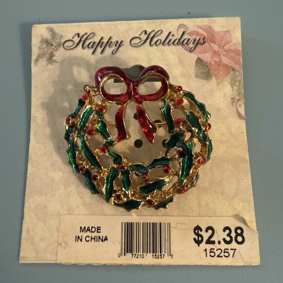 Vintage Christmas Wreath Pin Brooch 1 5/16 Inch Wide - Picture 1 of 3